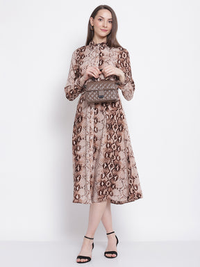 Women White & Brownish Print Cobray Snake Print Knee Length Dress