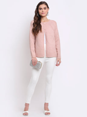  Buy  Online Women Pink Round Neck Solid KNIT Cardigan