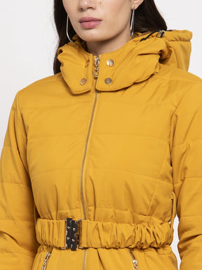 Women Mustard Solid Hooded Jacket