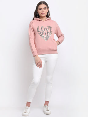 Women Pink Hooded Printed Hosiery Sweatshirt