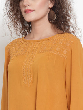 Women Mustard Chikan Embroidered Blouson Top