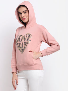 Women Pink Hooded Printed Hosiery Sweatshirt