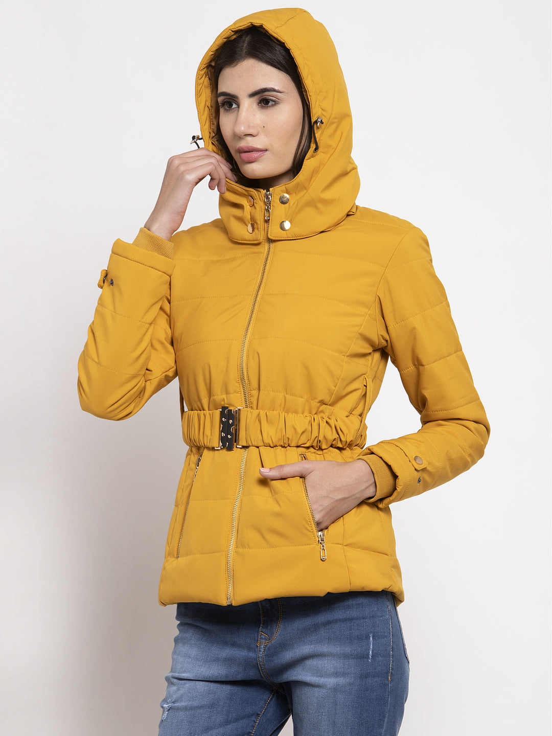 Women Mustard Solid Hooded Jacket