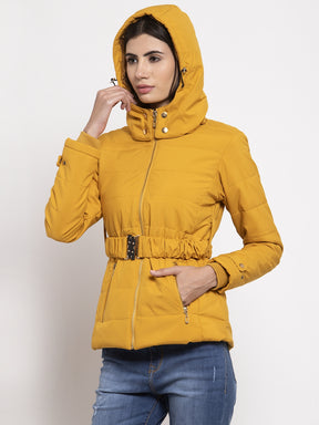 Women Mustard Solid Hooded Jacket