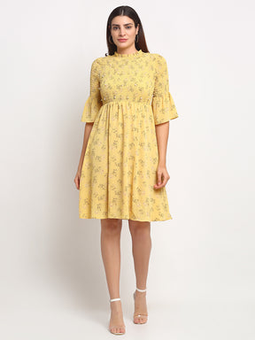 Women Yellow Floral Printed Half Sleeve  Beads Knee Length Dress