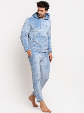 Men Blue Hooded Solid Night Suit
