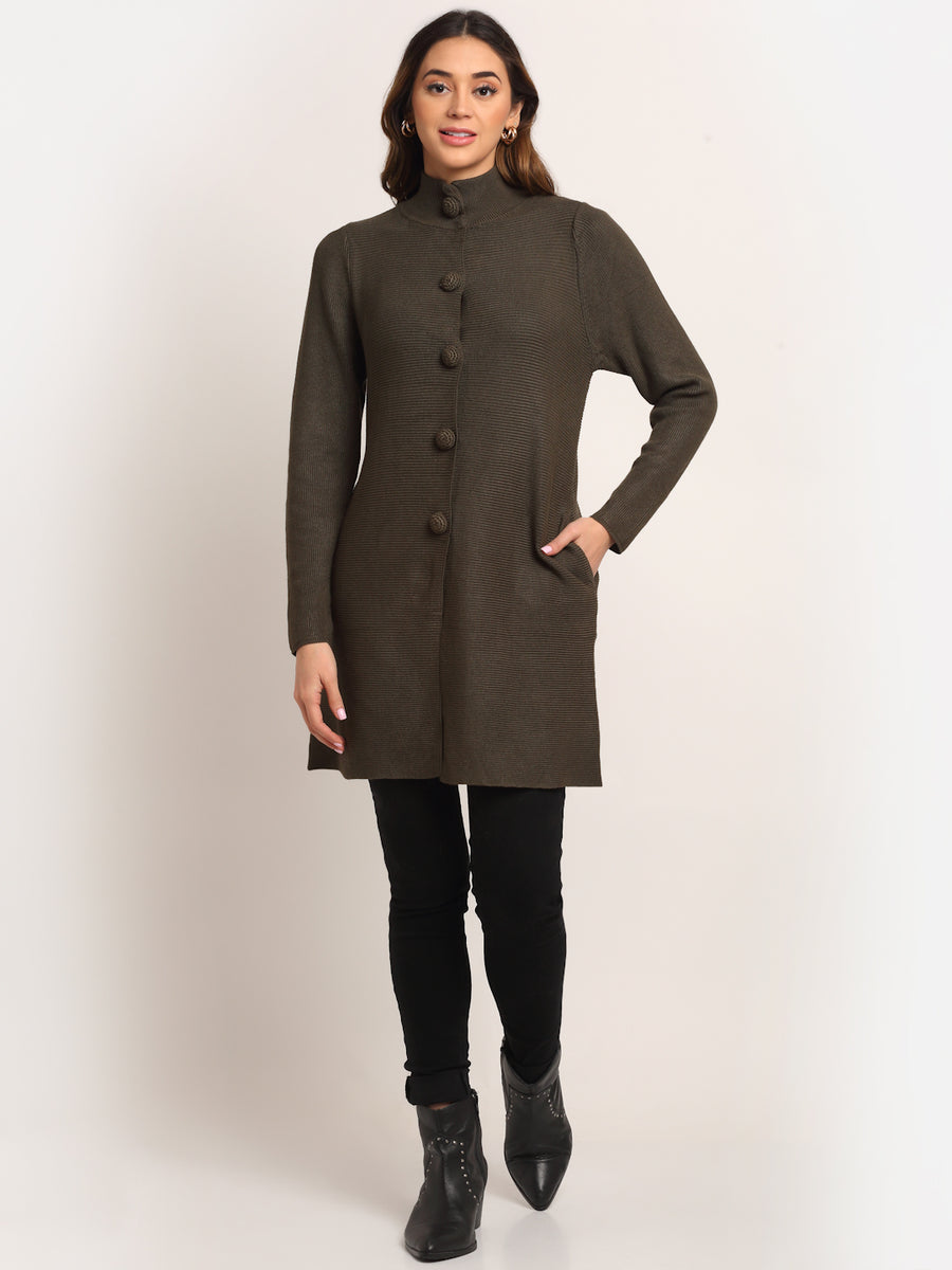 Women Green High Neck KNIT Solid Coat