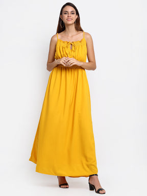 women shoulder strap maxi fit mustard colour dress