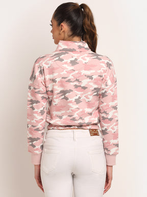 Women Pink High Neck Hosiery Printed Sweatshirt