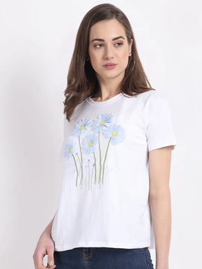 Women White Round Neck Hosiery Floral Print T-Shirt