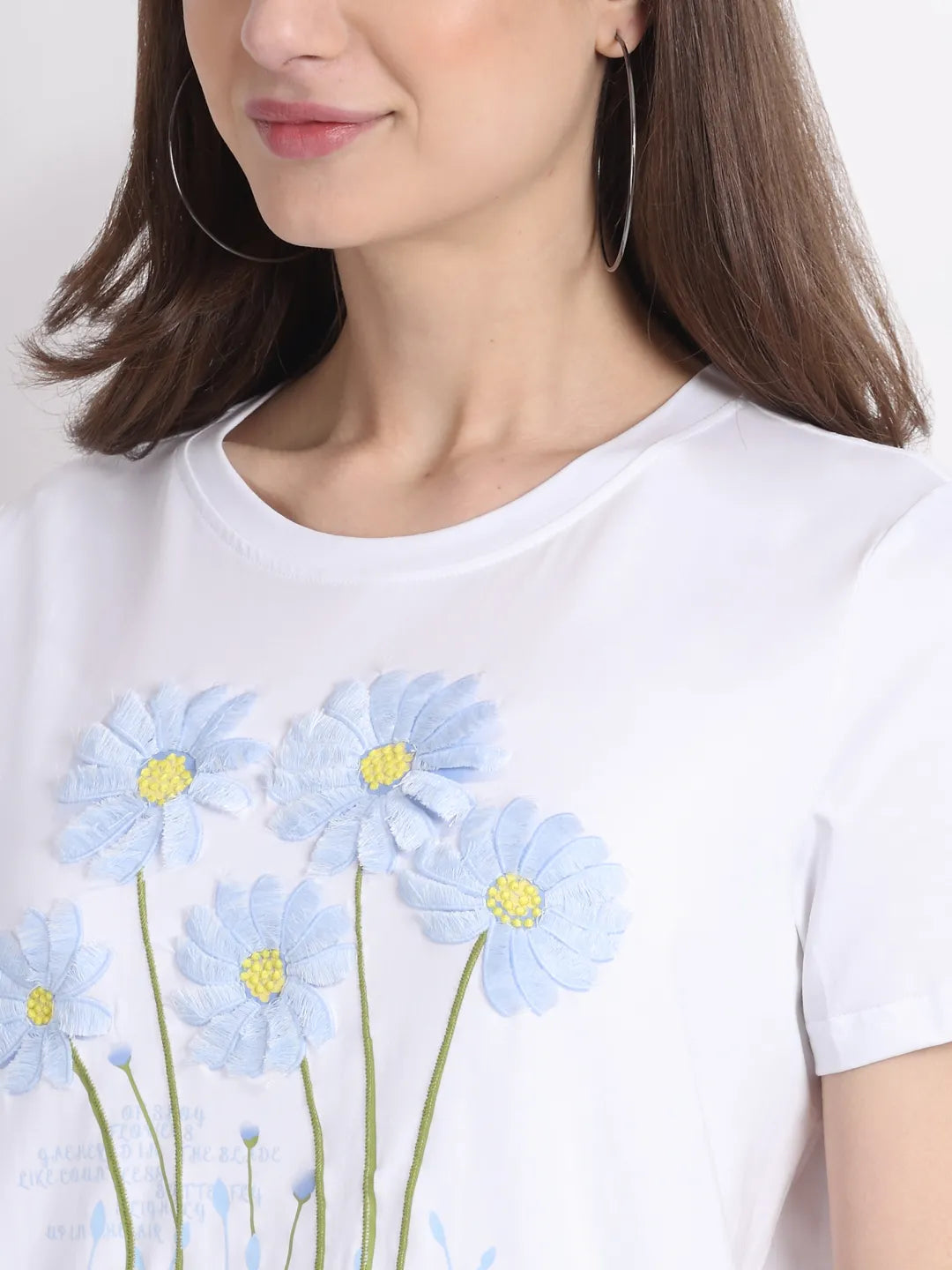 Women White Round Neck Hosiery Floral Print T-Shirt