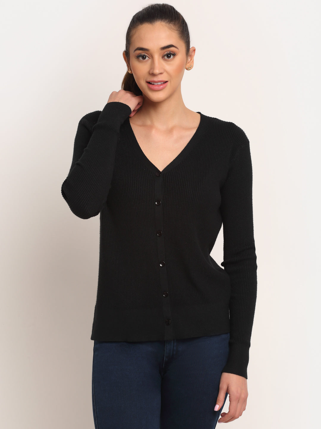 Women Black V-Neck Solid Cardigan-Global Republic