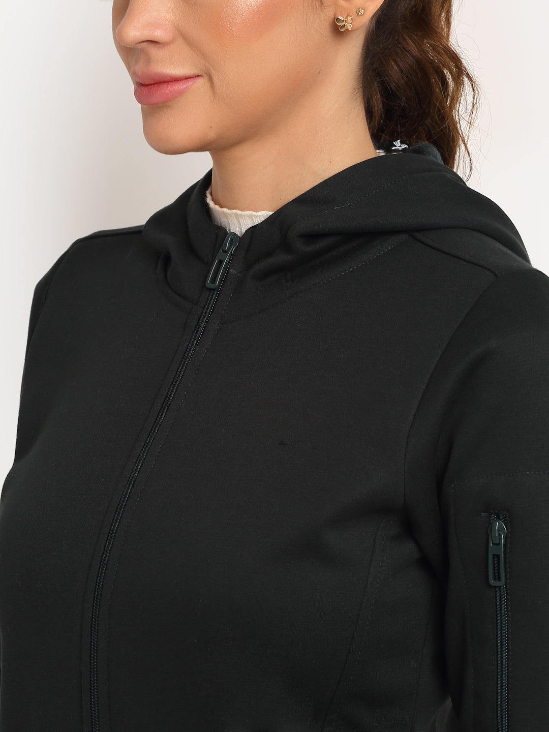 Women Green Straight Fit Hooded Zipper Sweatshirt