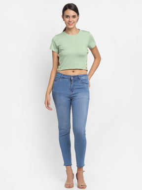 Women Skin Fit Cropped Blue Jeans