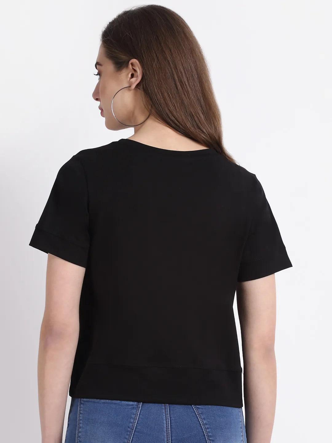 Women Round Neck Cotton Solid Black Top