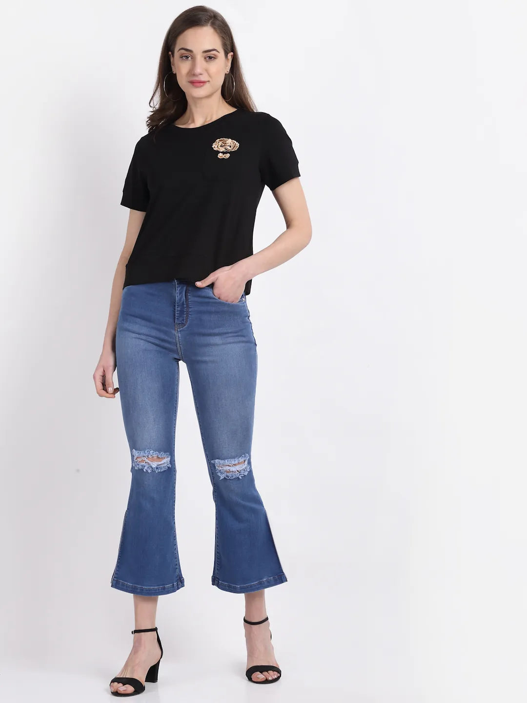 Women Round Neck Cotton Solid Black Top