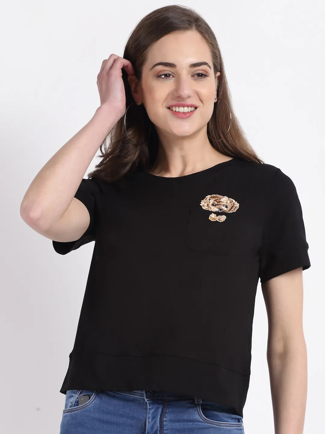 Women Round Neck Cotton Solid Black Top