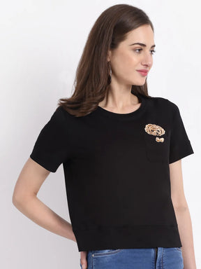 Women Round Neck Cotton Solid Black Top