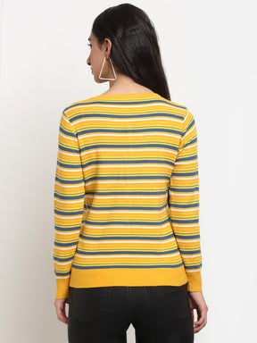 Women Mustard Round Neck Striped 