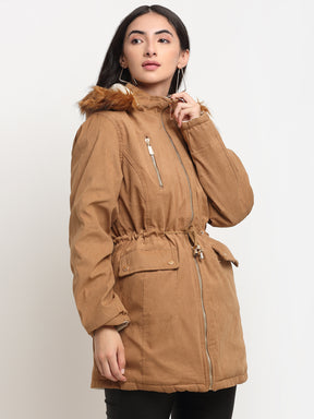 Women Khaki & Off White Hooded Jacket 