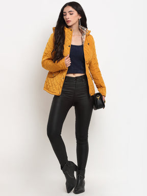 Women Mustard Hooded Straight Fit Jacket