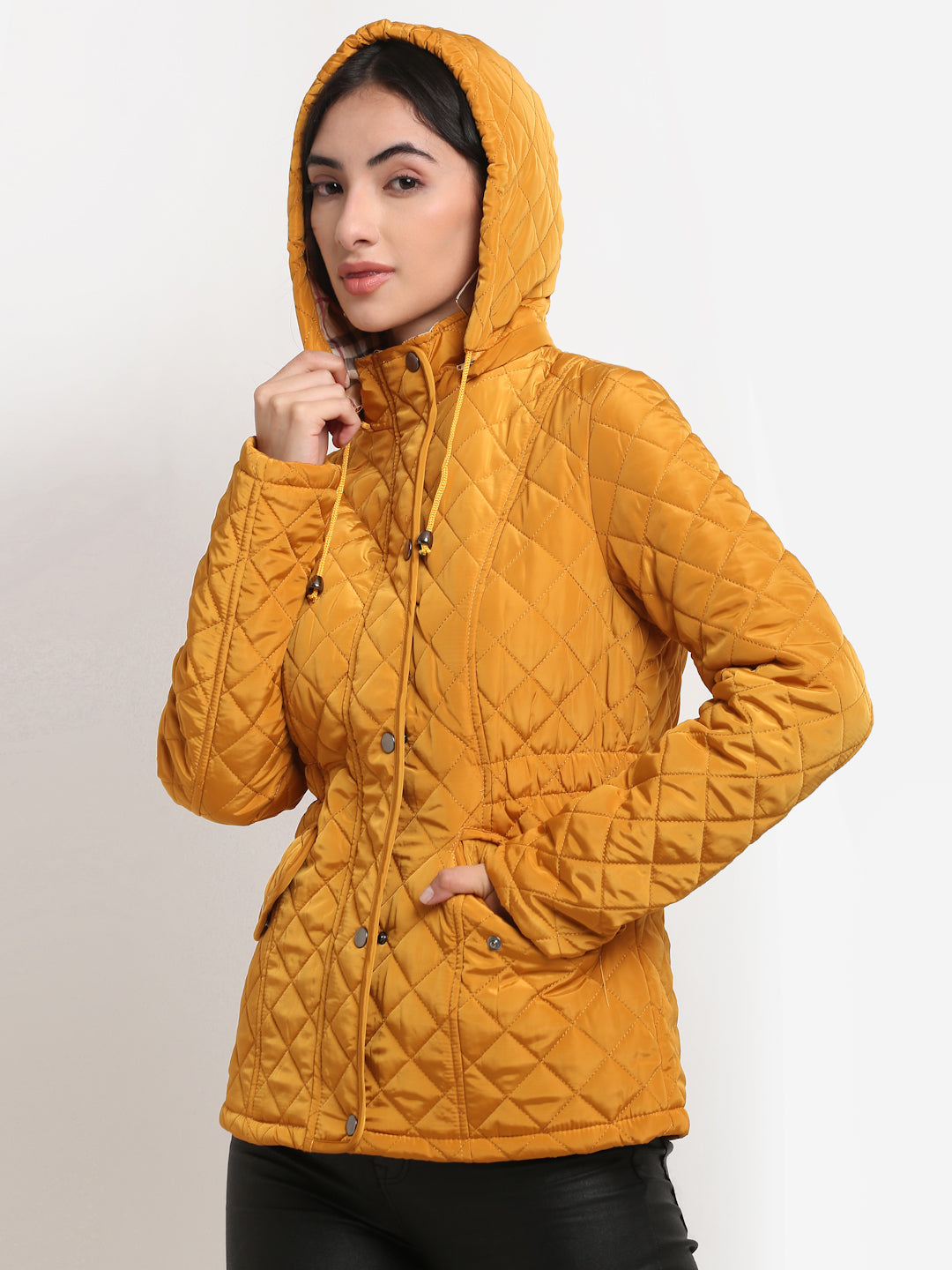 Women Mustard Hooded Straight Fit Jacket