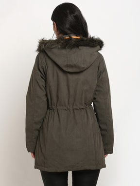 Women Green Solid Hood  Jacket 